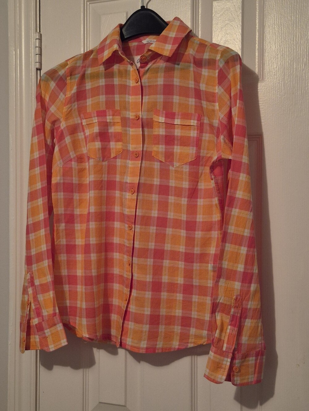 Aeropostale Women's Pink and Orange Plaid Button-Up Shirt